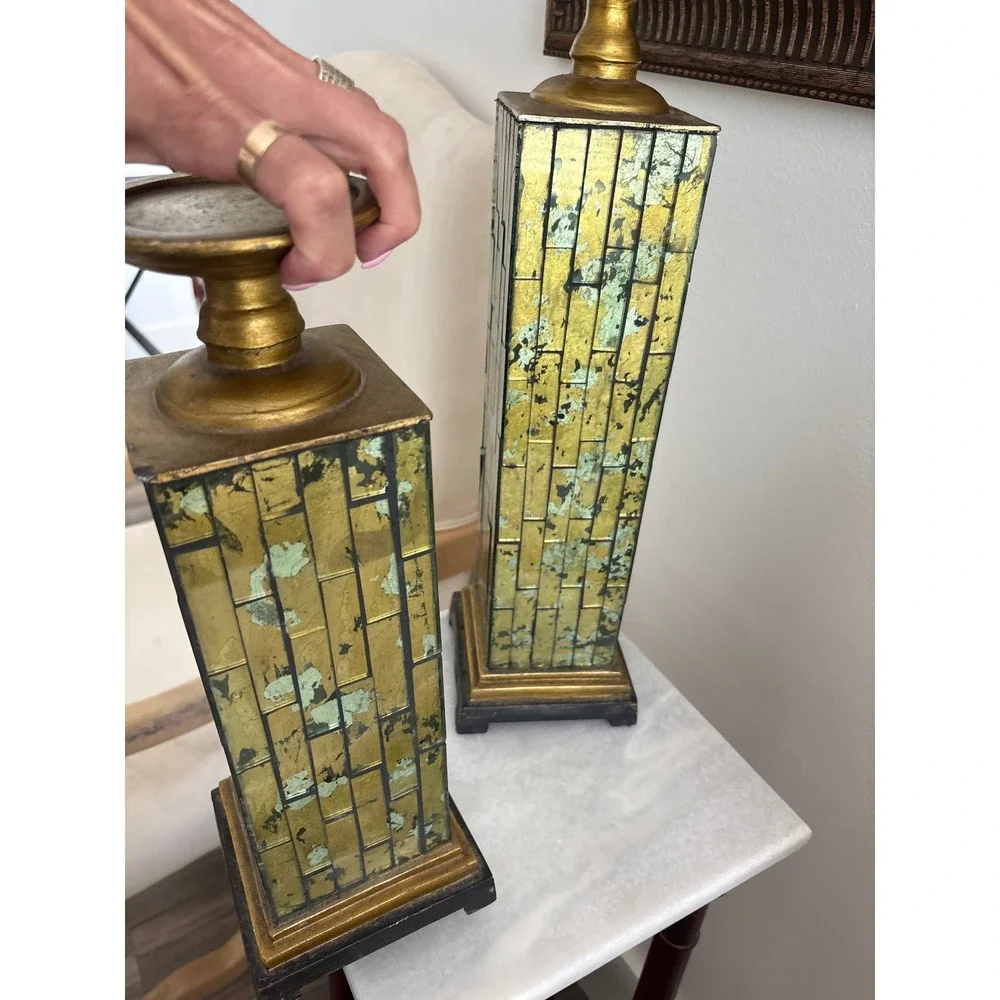 Vintage Pierre One Set of 2 Gold Verdigris Mirrored Mosaic Pillar Candle Holder